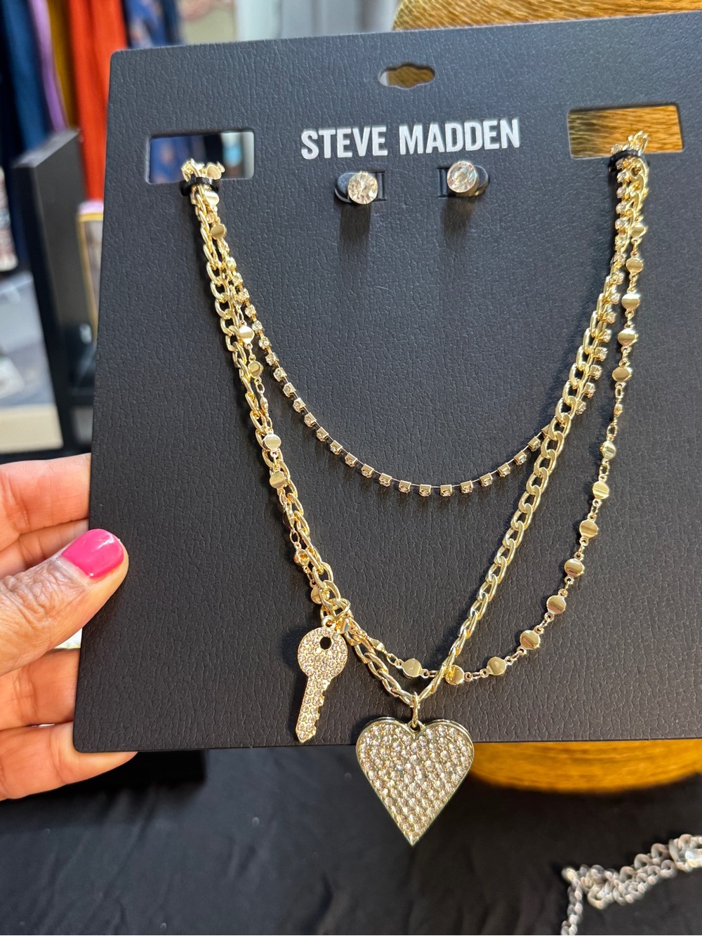 Steve Madden Gold-Tone Layered Heart and Key Necklace with Crystal Studs